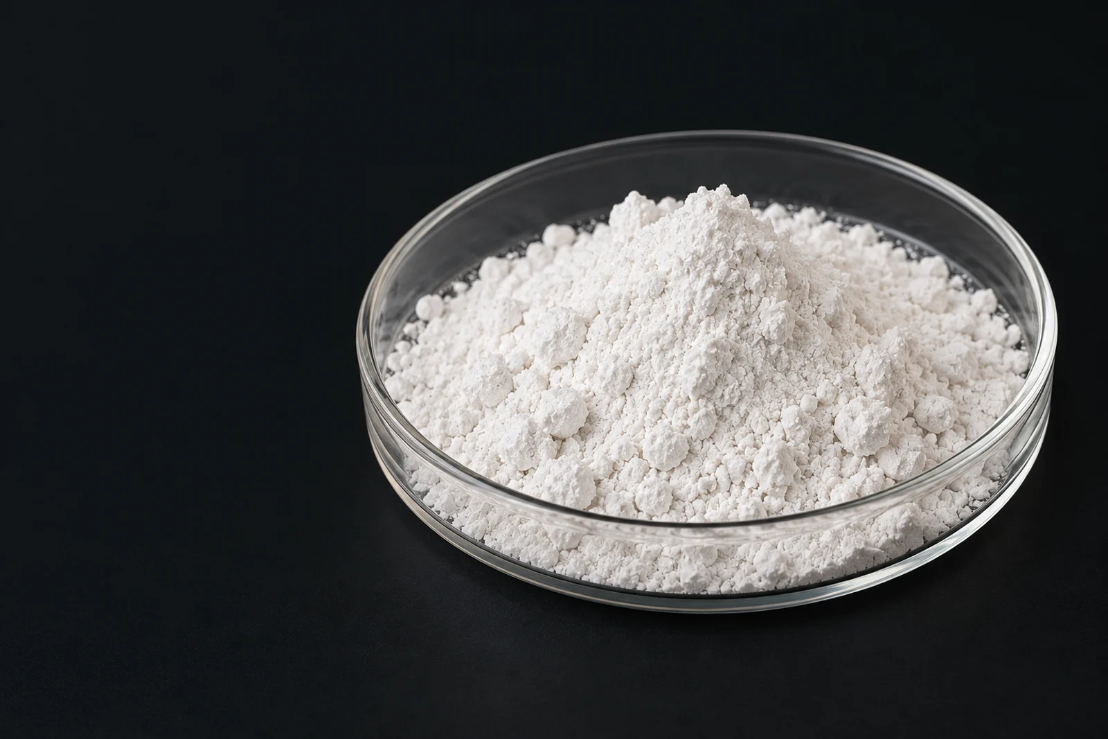 纳米氧化钙外观示意:玻璃样品皿中的白色粉体,AI 生成,非实拍
